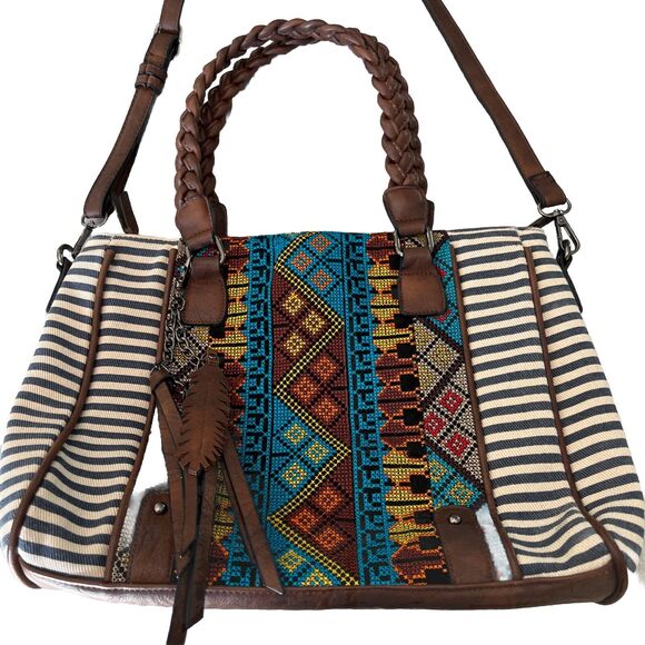 MMS Aztec & Stripe Print Satchel Tote w/Fringes Purse Handbag Removable Strap - Picture 4 of 16